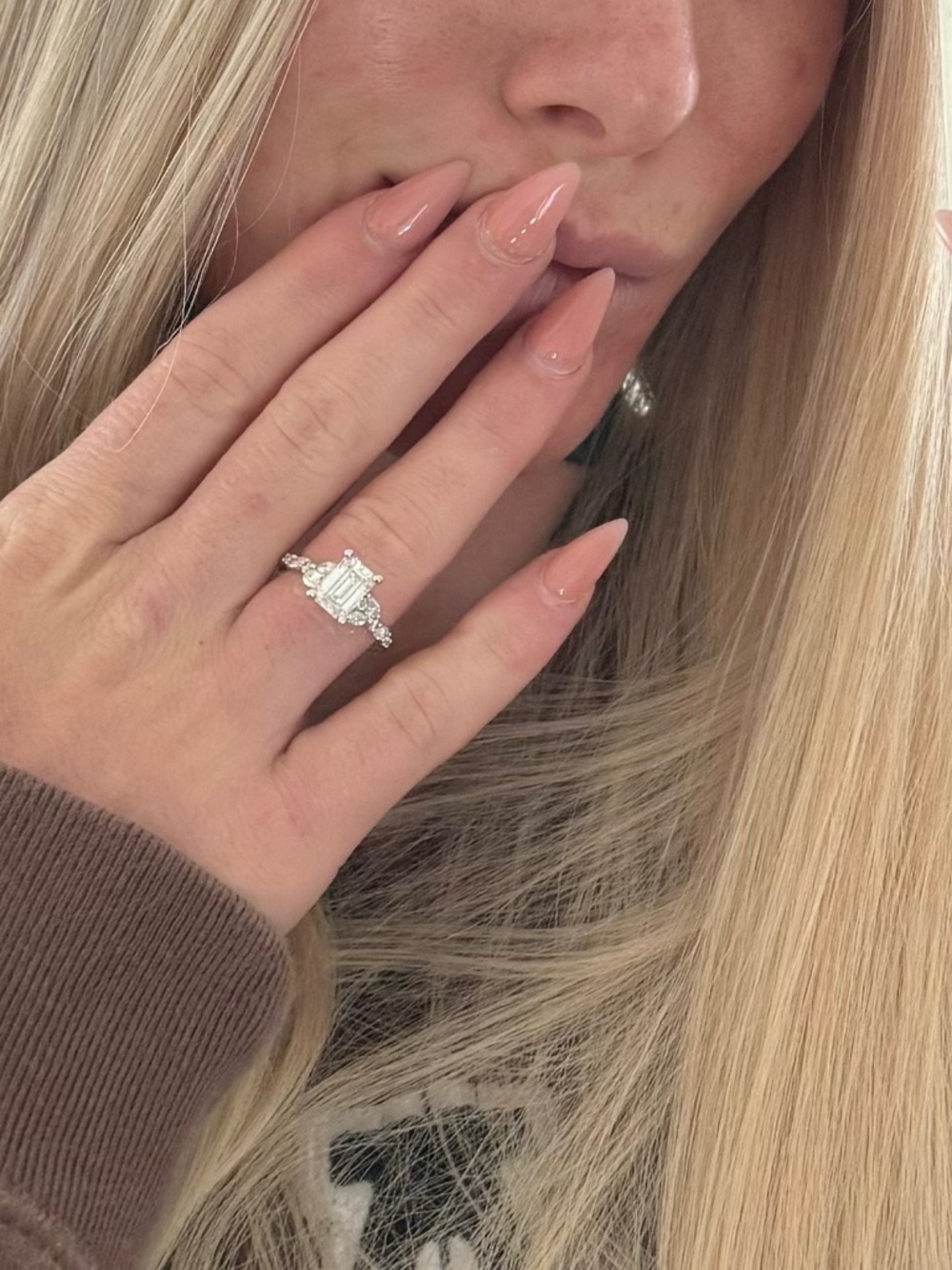 14k White Gold Pear and Round Diamond Twist Engagement Ring with Emerald Cut Lab